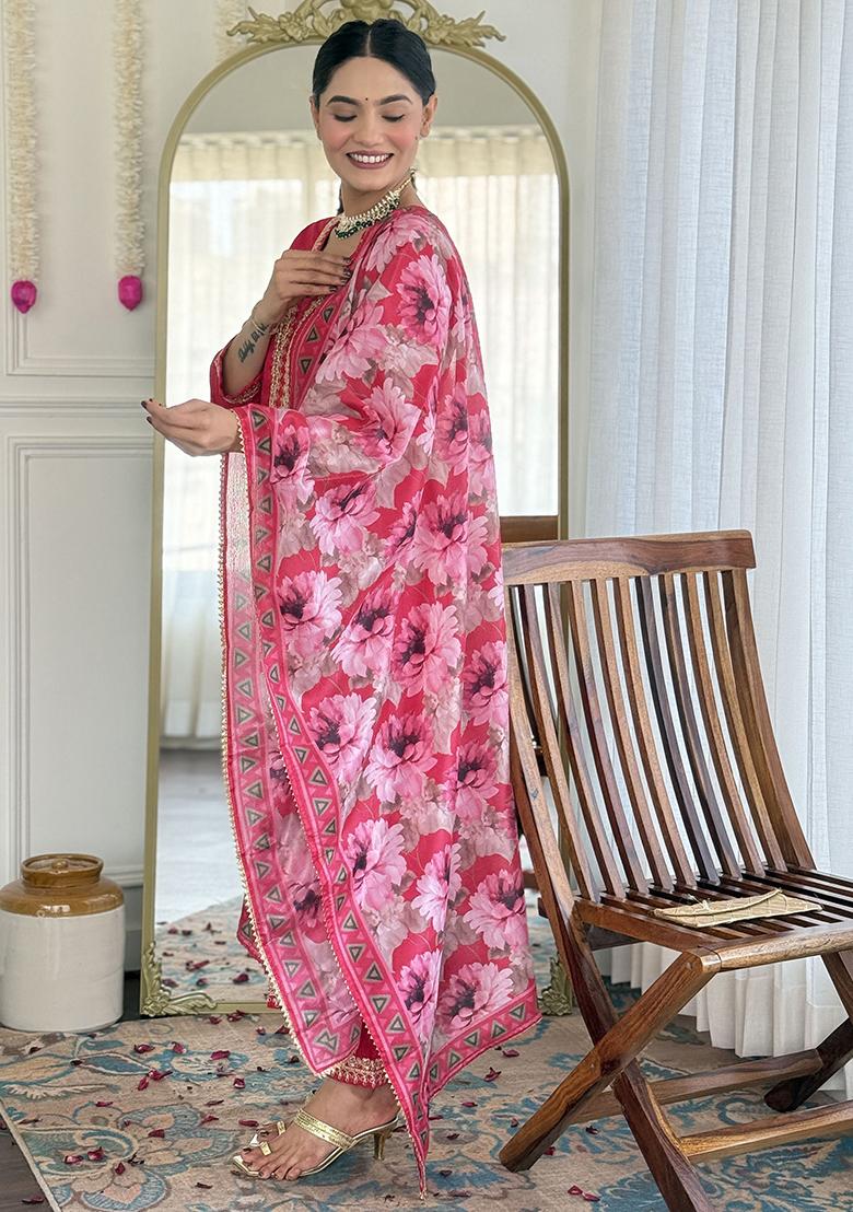 Pink Embroidered Viscose Kurta Set