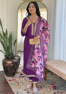 Purple Embroidered Viscose Kurta Set