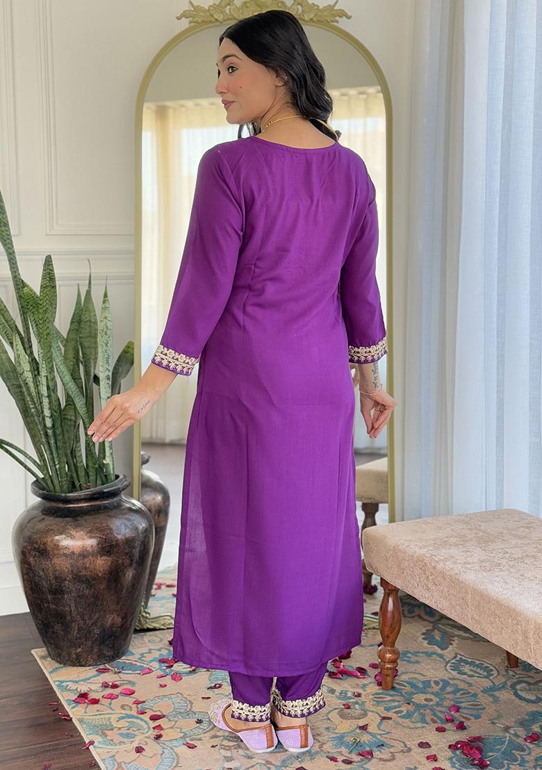 Purple Embroidered Viscose Kurta Set