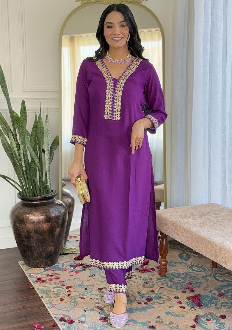 Purple Embroidered Viscose Kurta Set