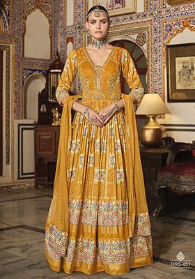 Yellow Bandhani Print Silk Anarkali Set