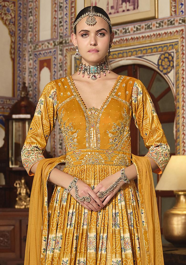 Yellow Bandhani Print Silk Anarkali Set