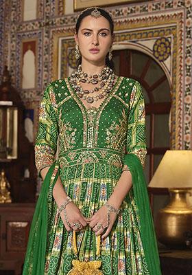 Green Bandhani Print Silk Anarkali Set