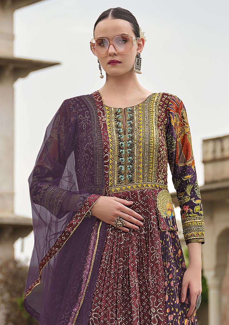 Purple Bandhani Print Silk Anarkali Set