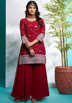 Maroon Embroidered Georgette Kurta Set