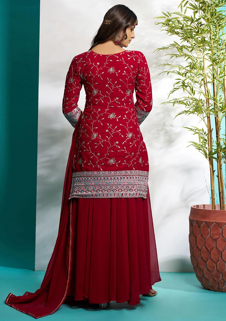 Maroon Embroidered Georgette Kurta Set