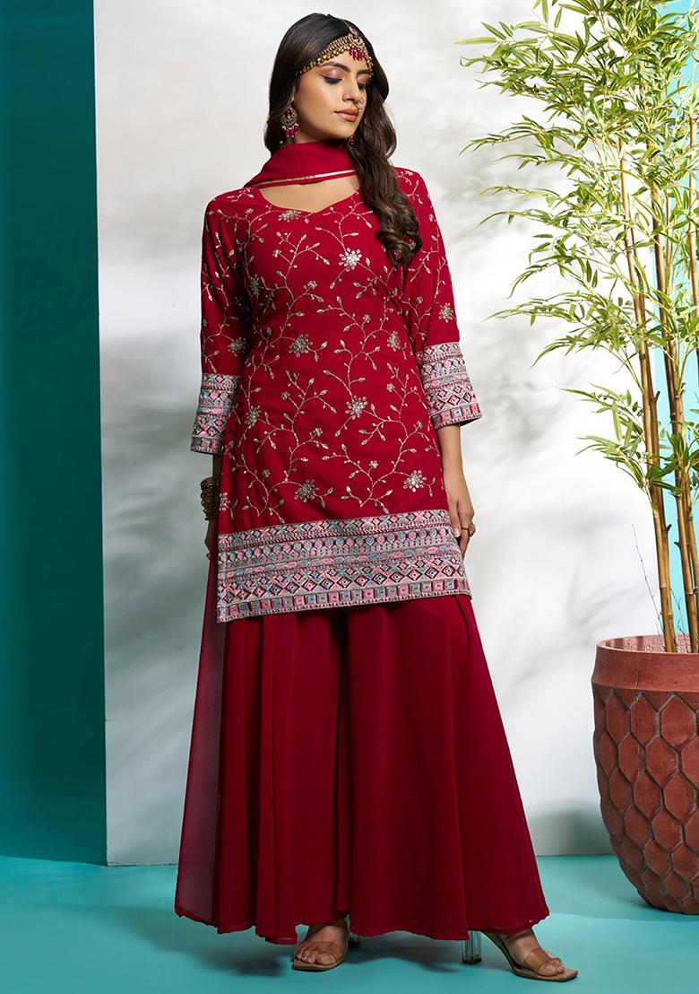 Maroon Embroidered Georgette Kurta Set