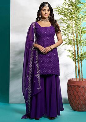 Purple Embroidered Georgette Kurta Set