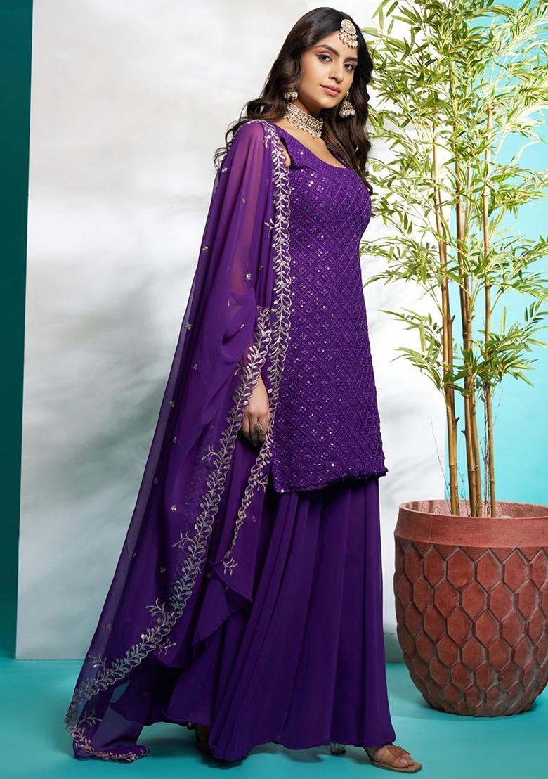 Purple Embroidered Georgette Kurta Set