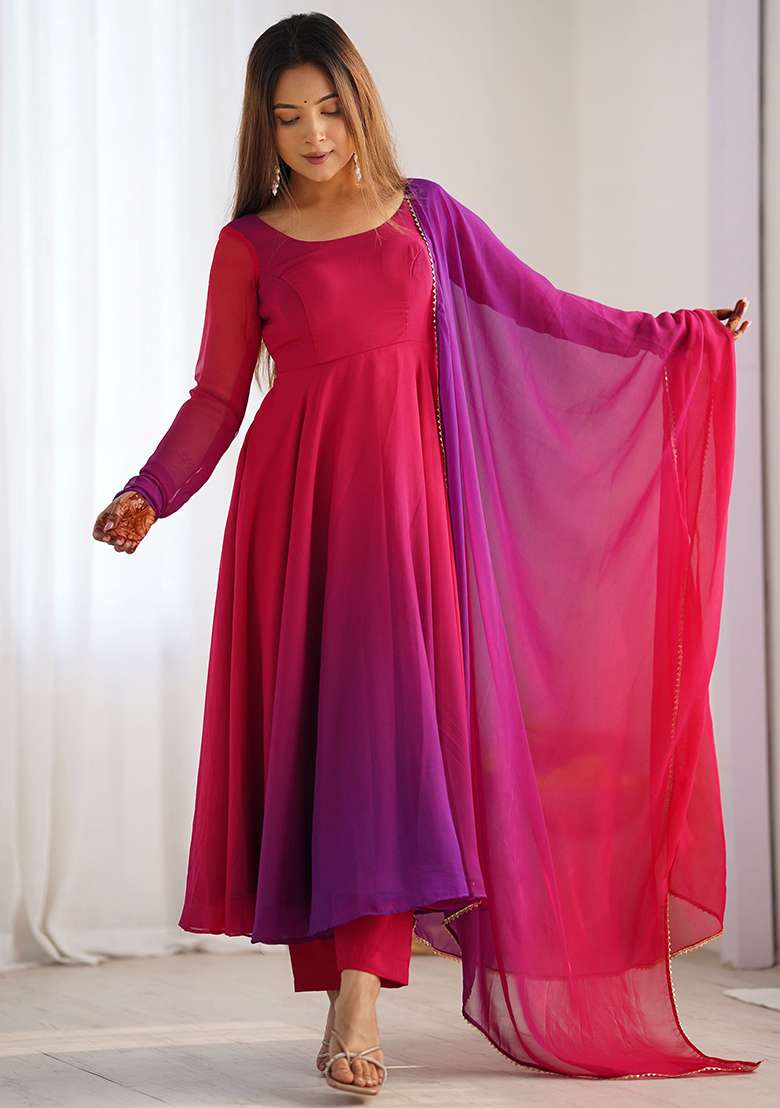 Pink Embroidered Georgette Kurta Set - Indya