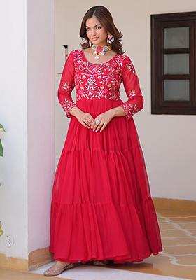 Red Embroidered Georgette Anarkali Set