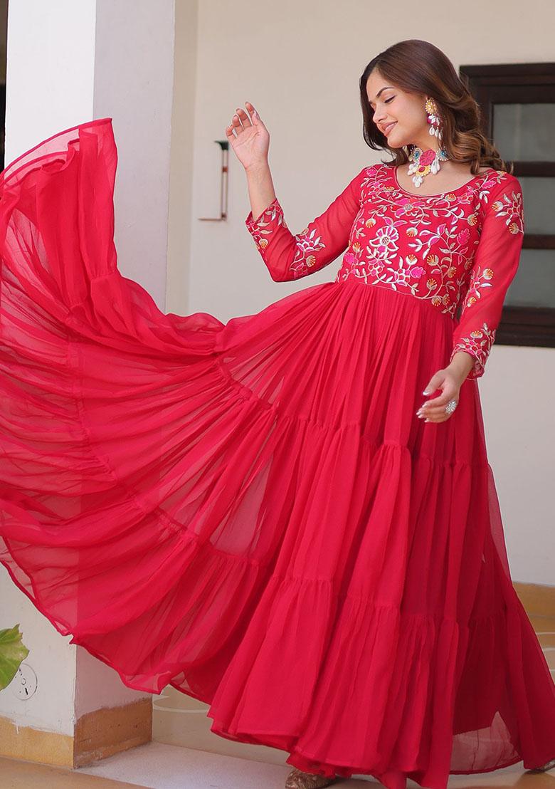 Red Embroidered Georgette Anarkali Set