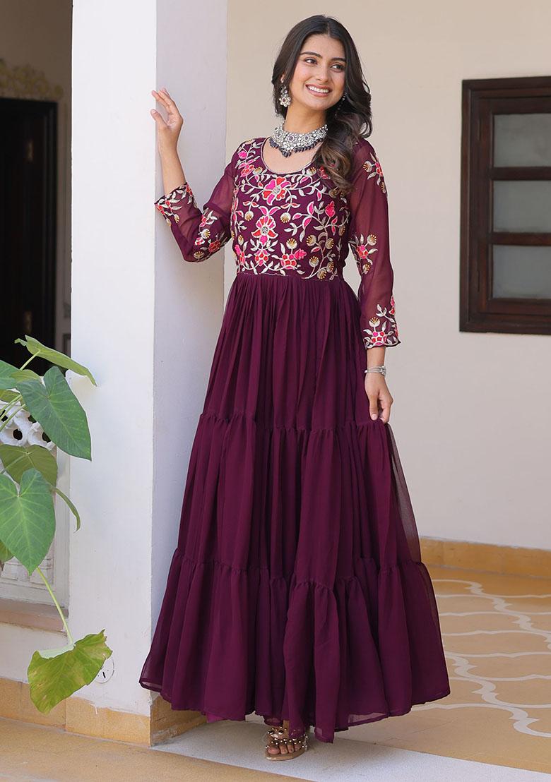 Purple Embroidered Georgette Anarkali Set
