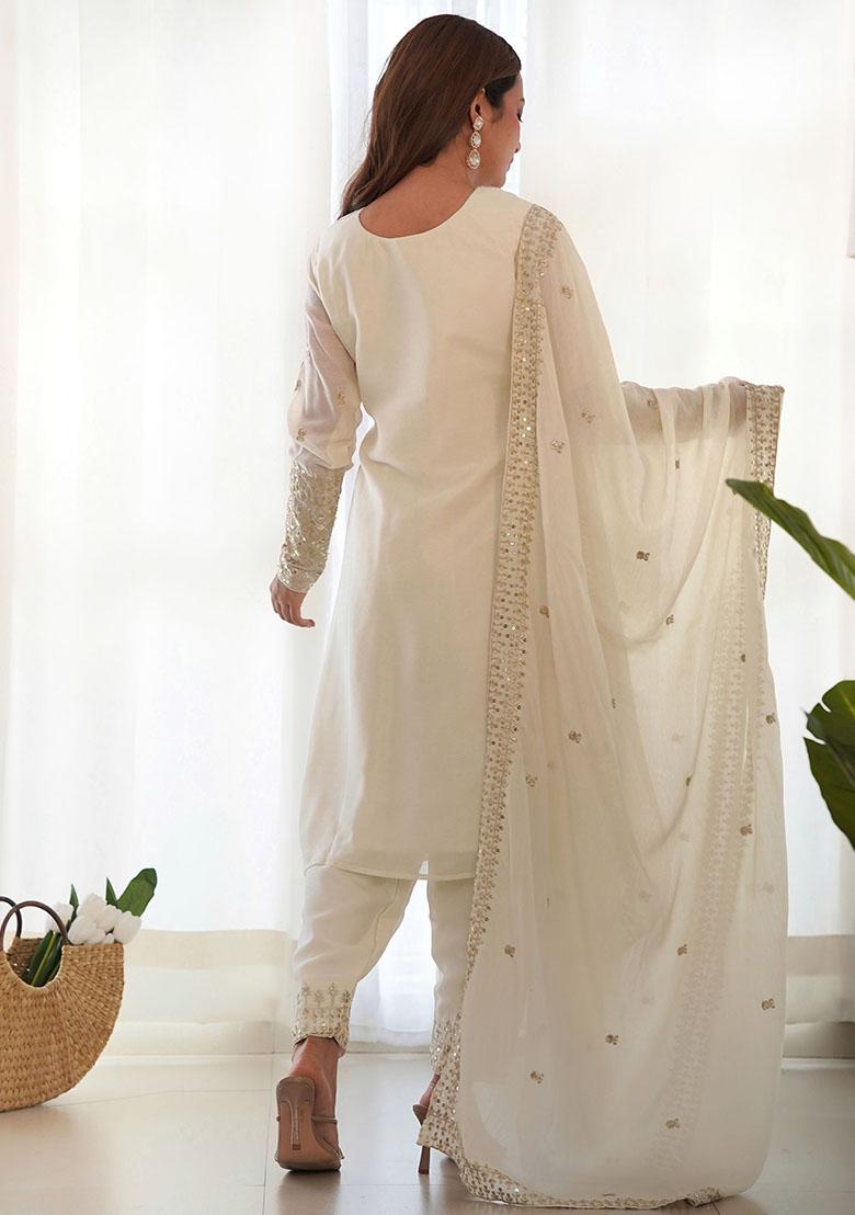 White Sequin Embroidered Chinon Kurta Set