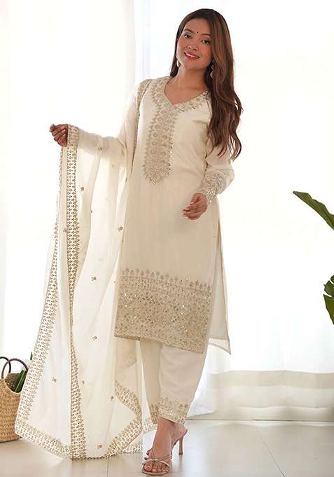 White Sequin Embroidered Chinon Kurta Set