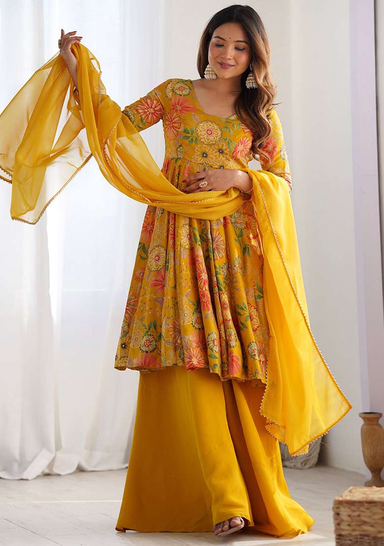 Yellow Floral Print Silk Kurta Set - Indya