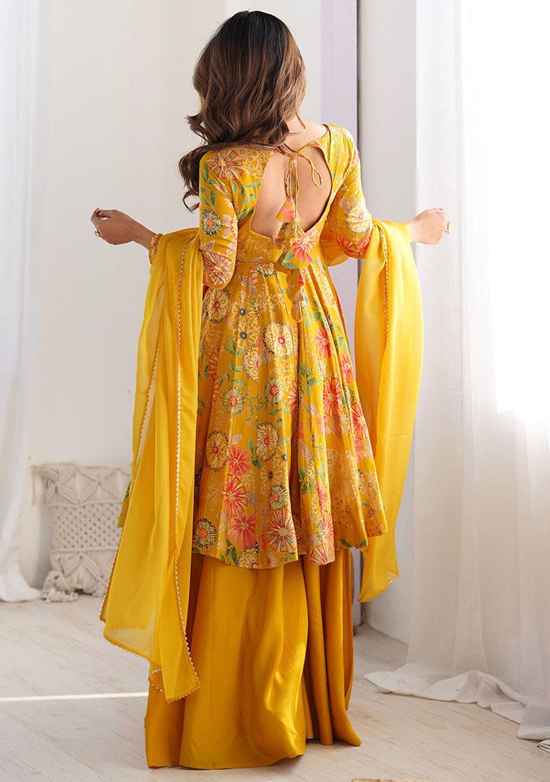 Yellow Floral Print Silk Kurta Set