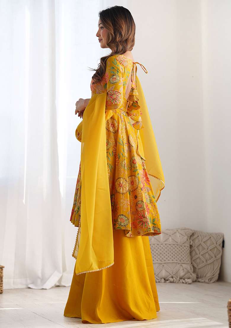 Yellow Floral Print Silk Kurta Set - Indya