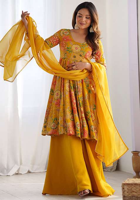 Yellow Floral Print Silk Kurta Set