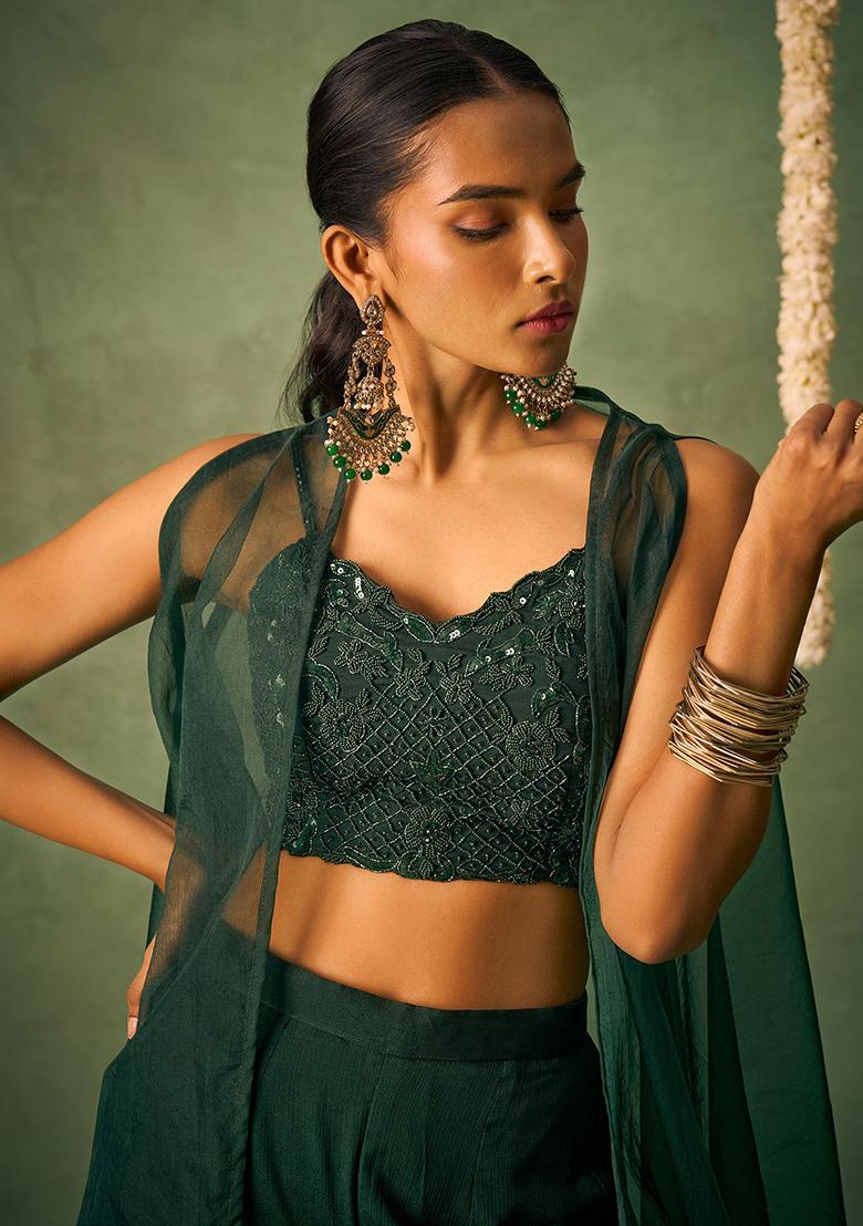 Green Embroidered Chinon Kurta Set