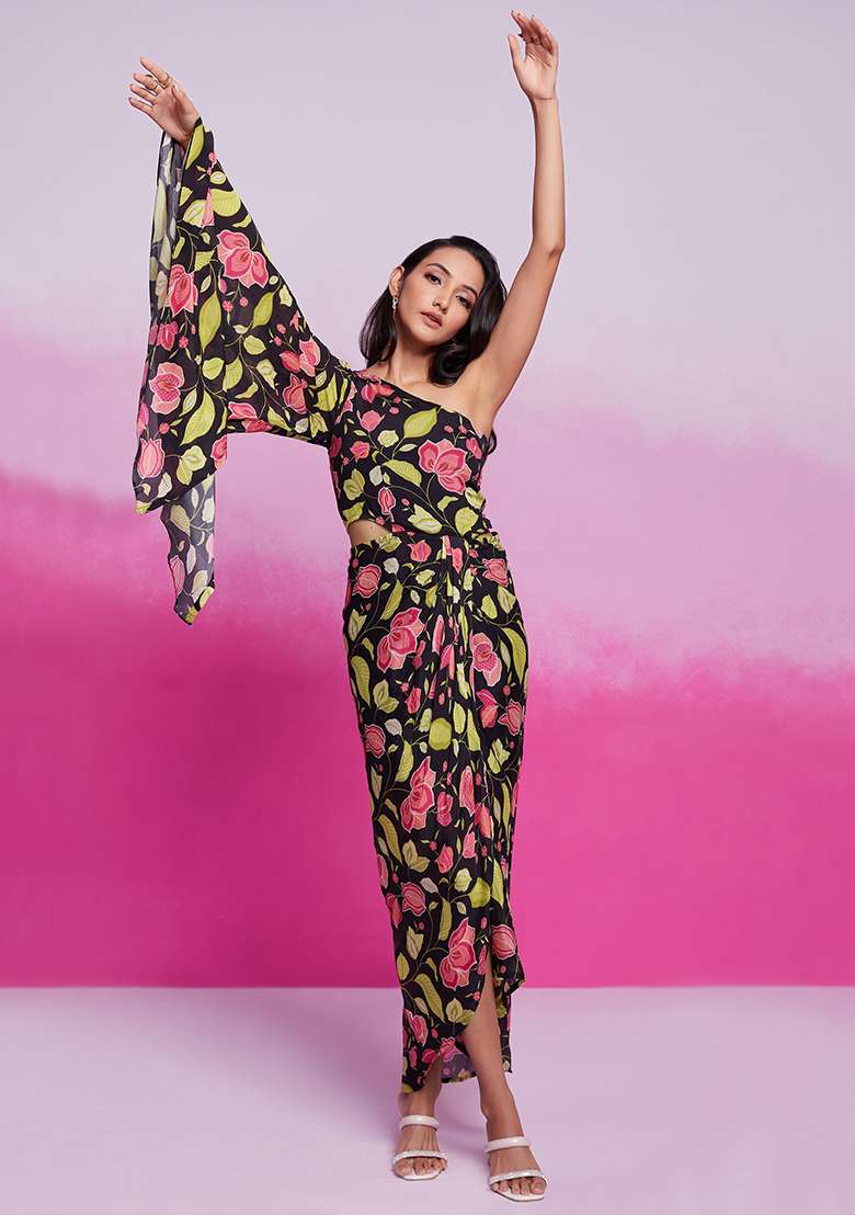 Black Floral Print Chinon Dress - Indya