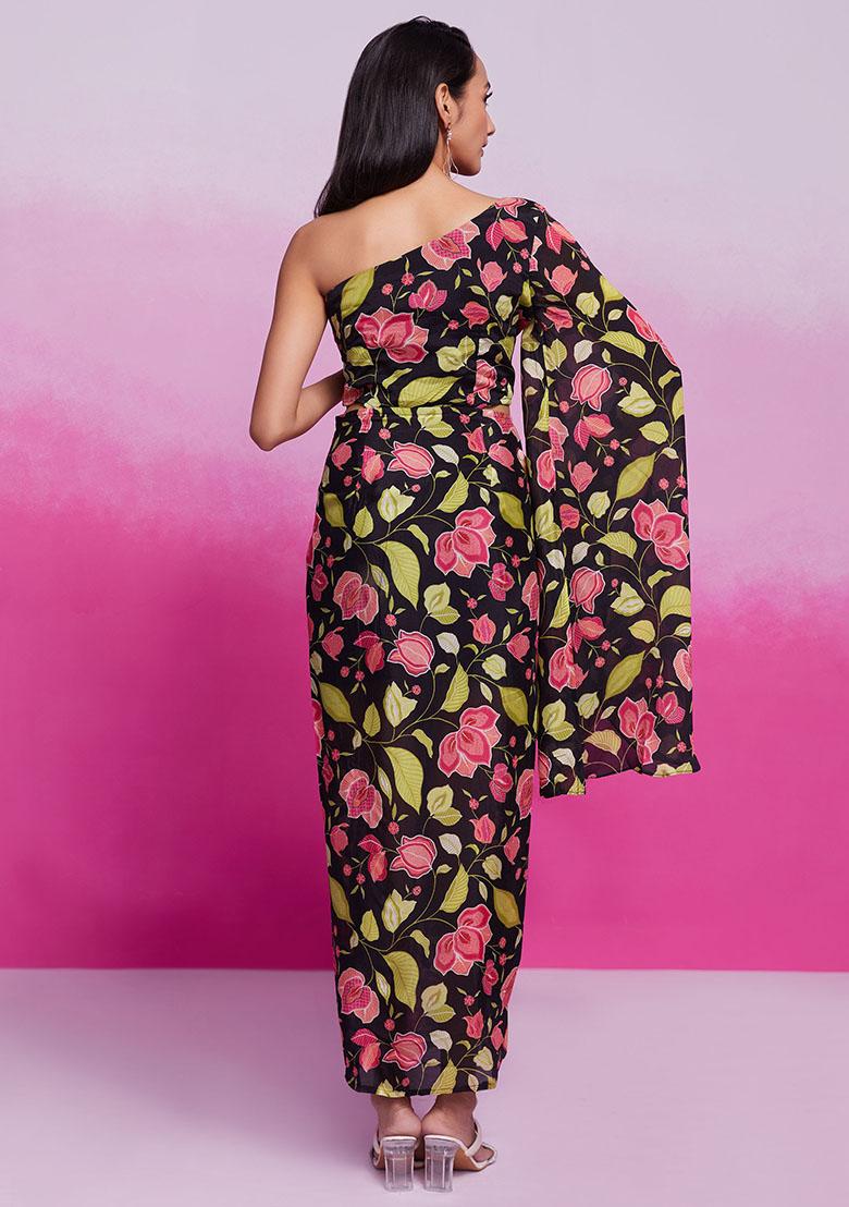 Black Floral Print Chinon Anarkali Set