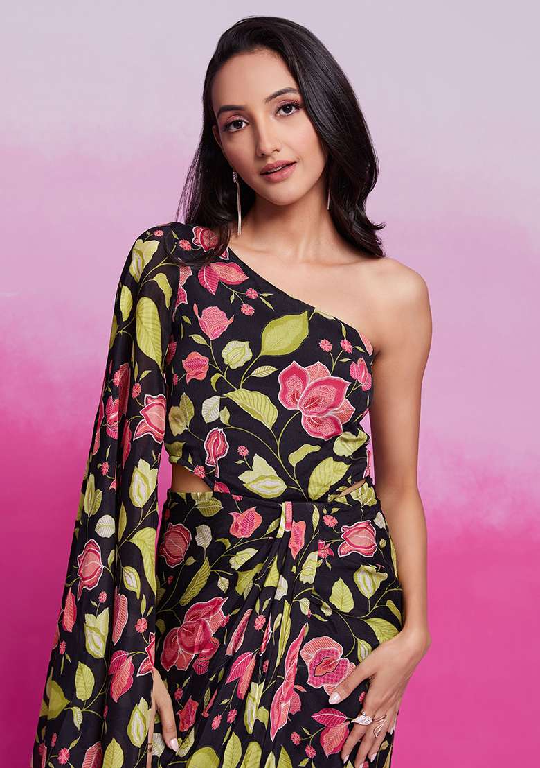 Black Floral Print Chinon Dress - Indya