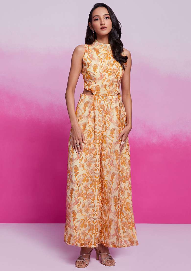 Cream Digital Print Organza Anarkali With Dupatta - Indya