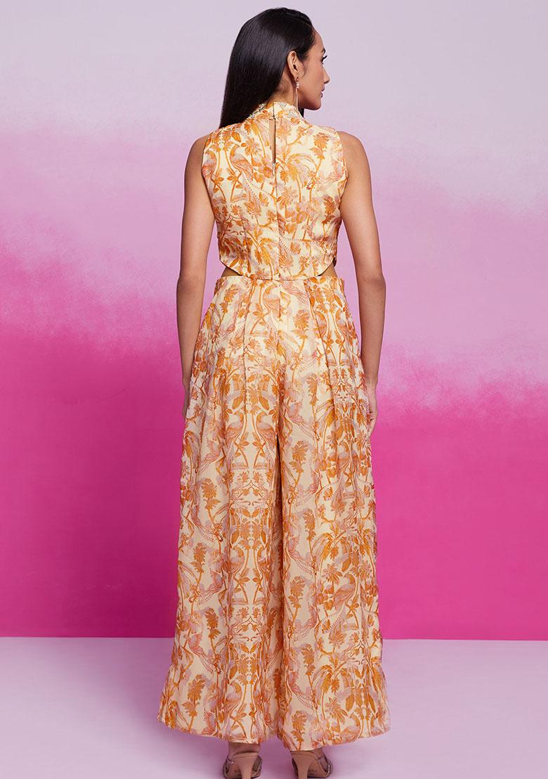 Cream Digital Print Organza Anarkali Set