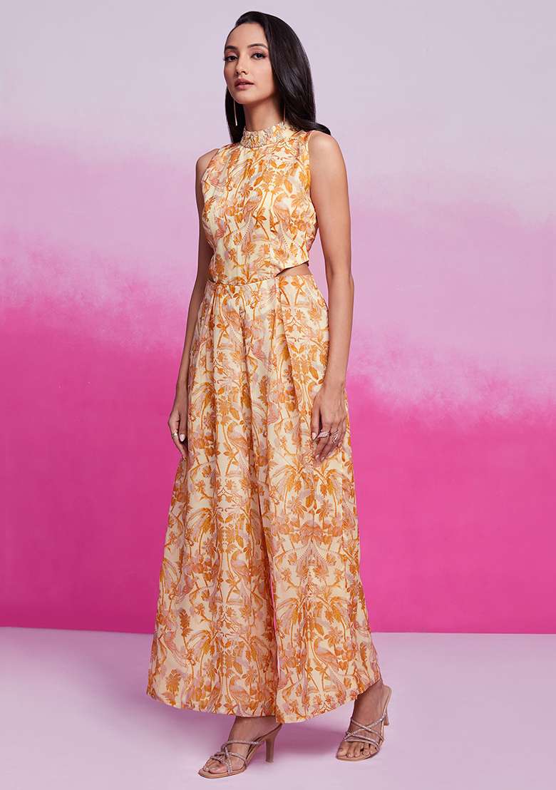 Cream Digital Print Organza Anarkali With Dupatta - Indya