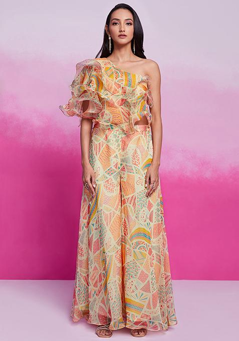 Cream Digital Print Organza Dresses