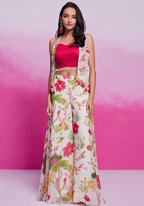 Off White Floral Print Organza Dresses