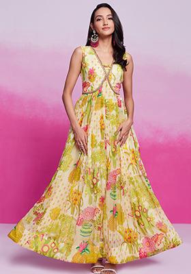 Cream Digital Print Organza Anarkali Set