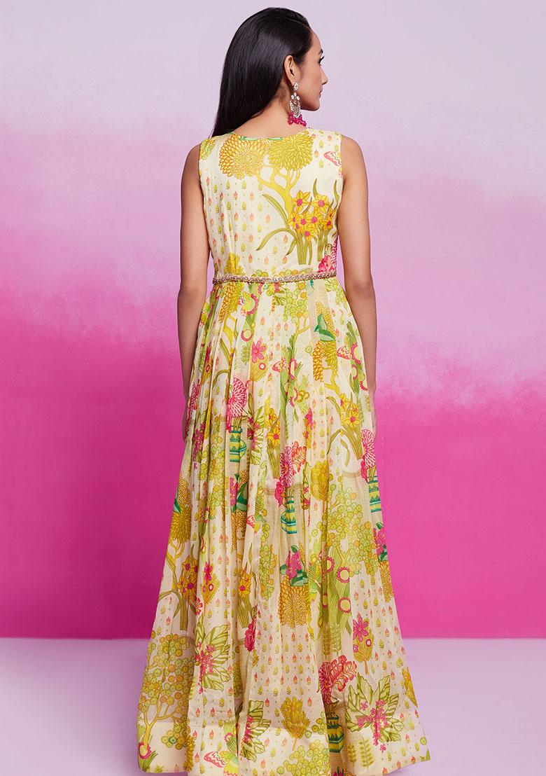 Cream Digital Print Organza Anarkali Set