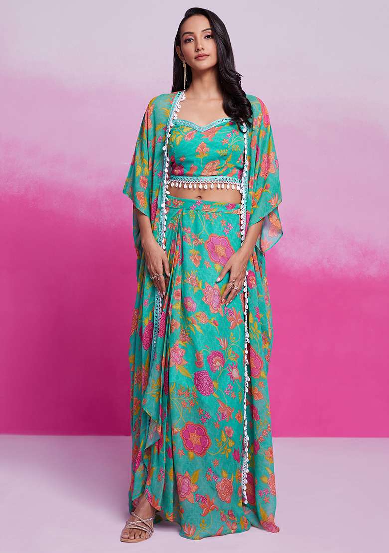 Green Embroidered Georgette Dresses - Indya