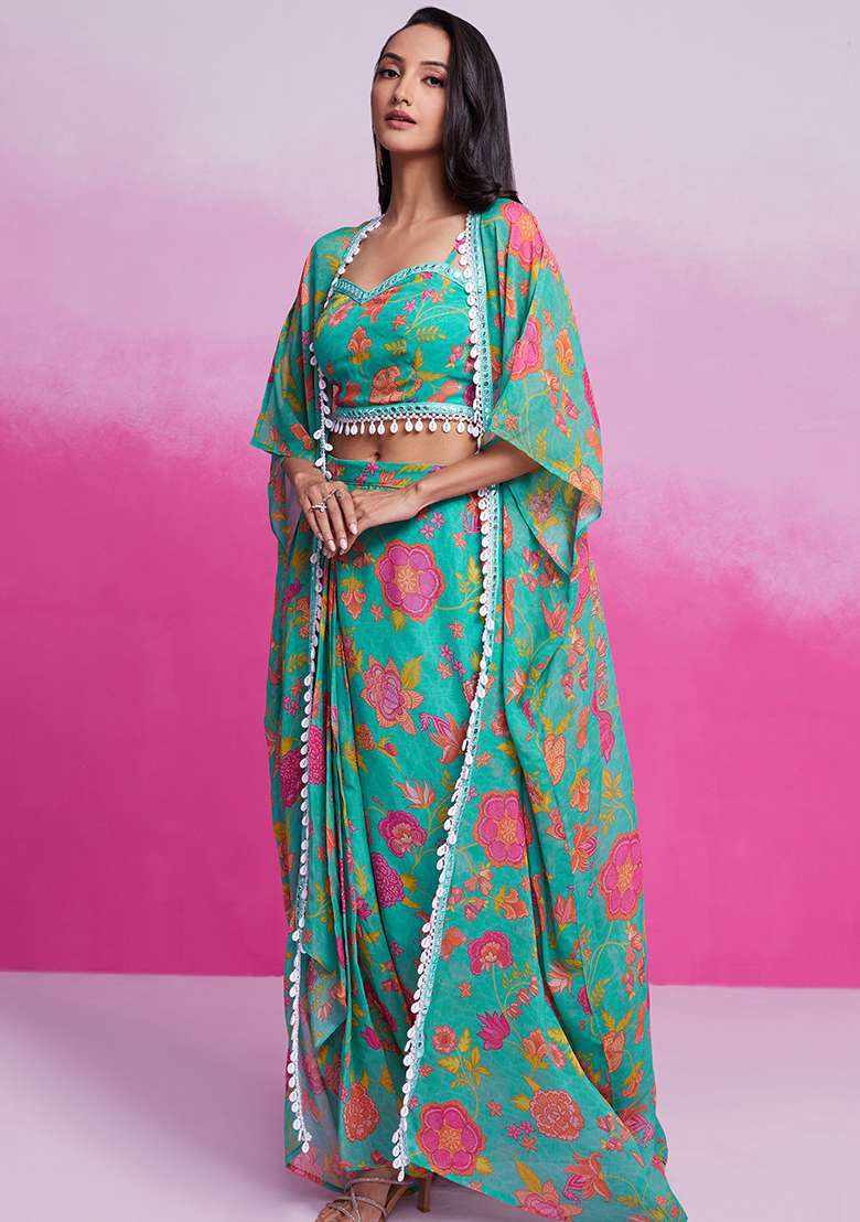 Green Embroidered Georgette Dresses - Indya