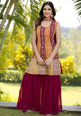Maroon Embroidered Georgette Kurta Set