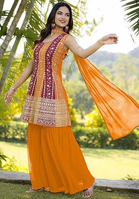 Orange Embroidered Georgette Kurta Set