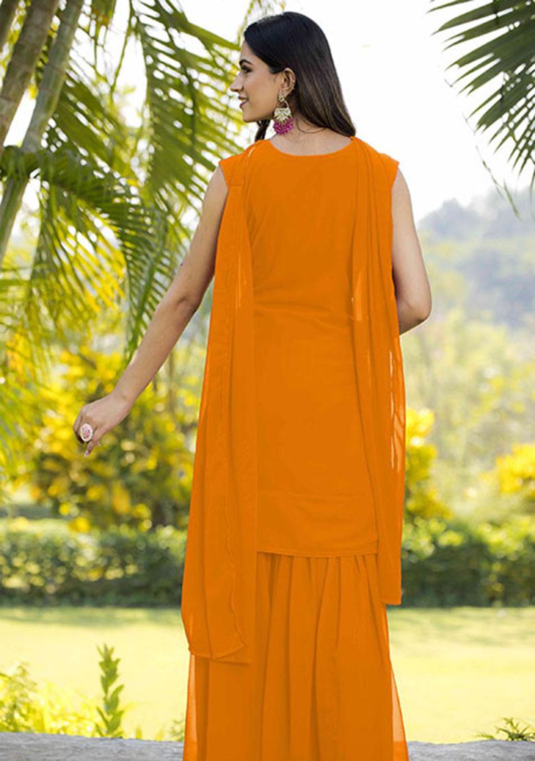Orange Embroidered Georgette Kurta Set