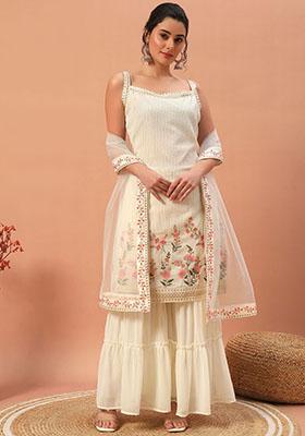 Off White Sequin Embroidered Georgette Kurta Set