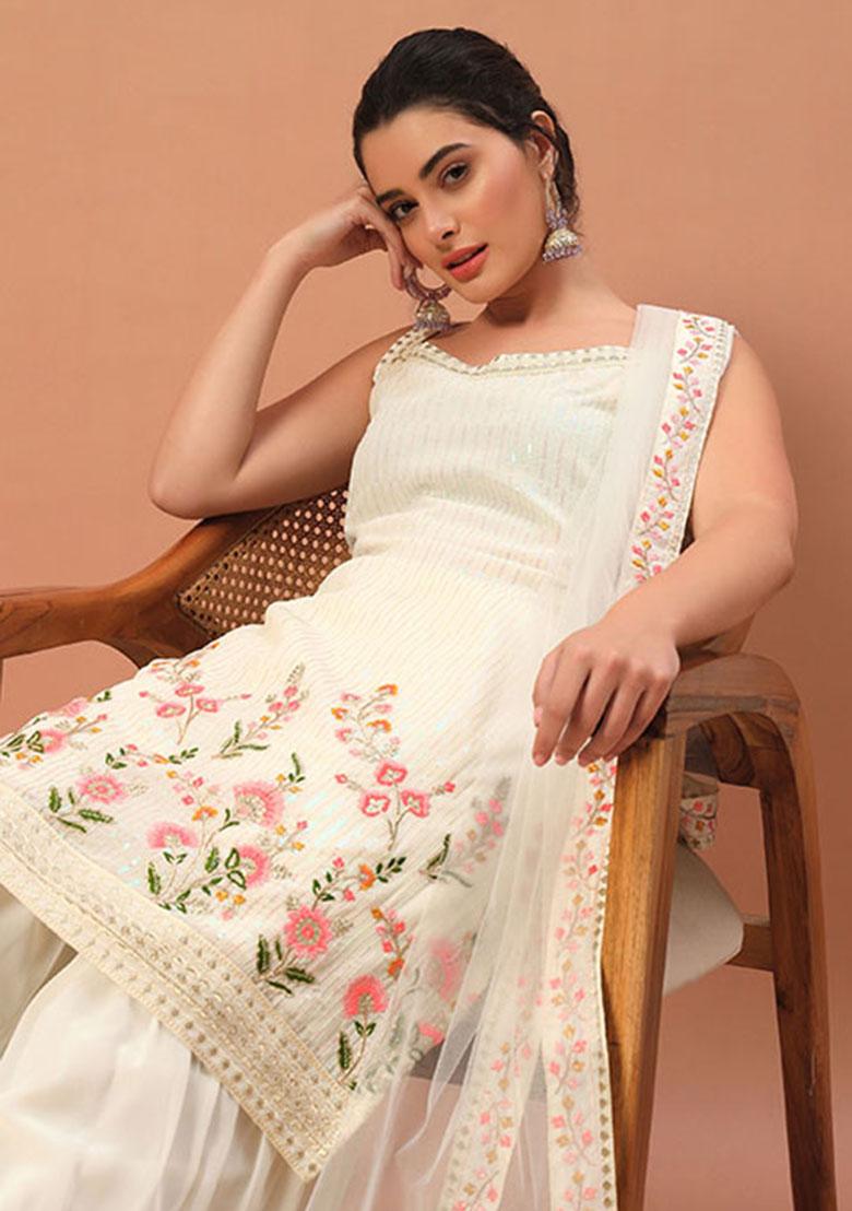 Off White Sequin Embroidered Georgette Kurta Set