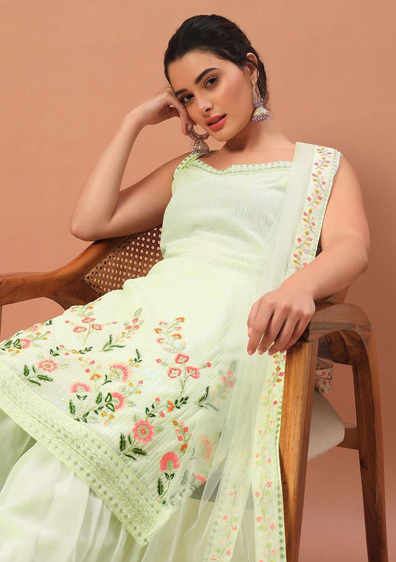 Green Embroidered Georgette Kurta Set