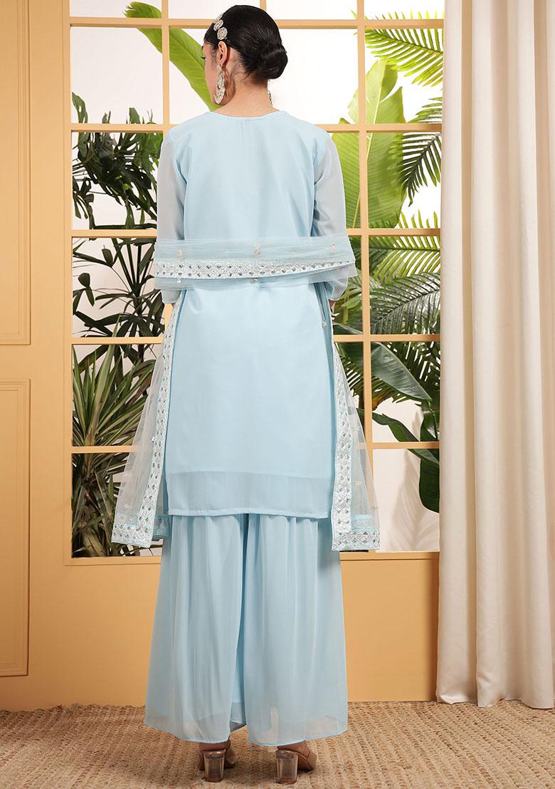 Blue Embroidered Georgette Kurta Set