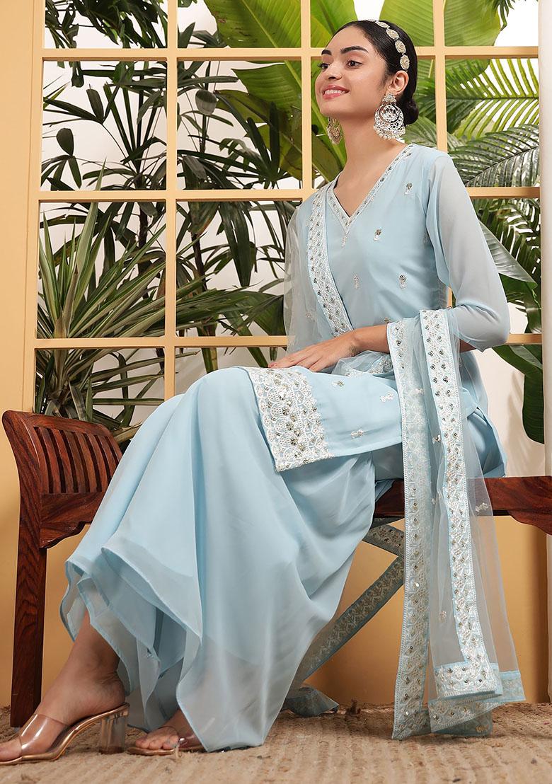 Blue Embroidered Georgette Kurta Set