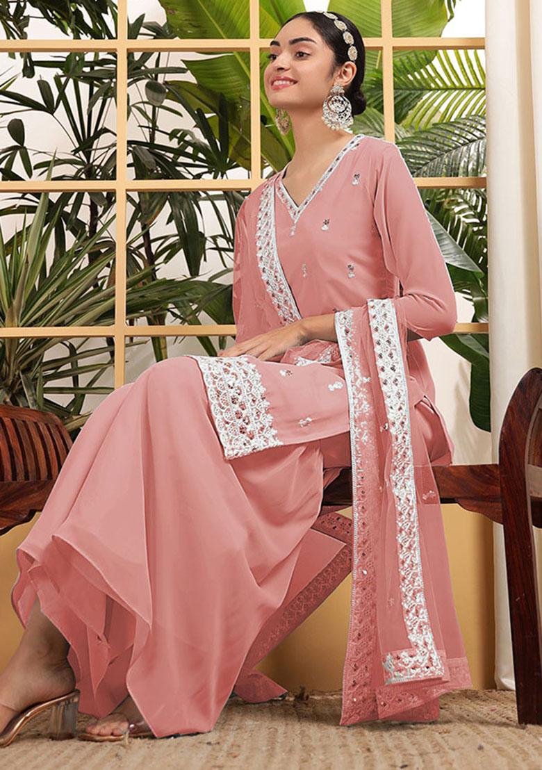 Peach Embroidered Georgette Kurta Set