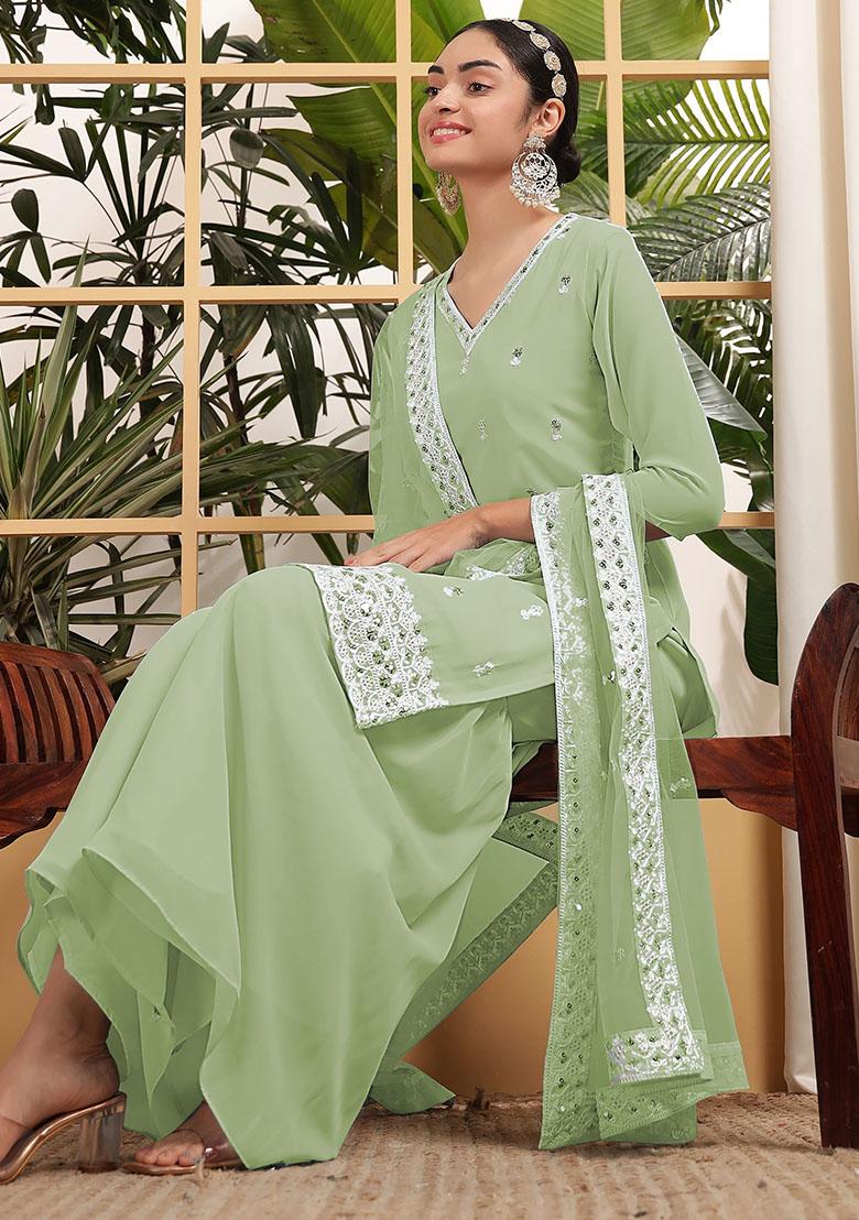 Green Embroidered Georgette Kurta Set