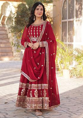 Maroon Embroidered Georgette Anarkali Set