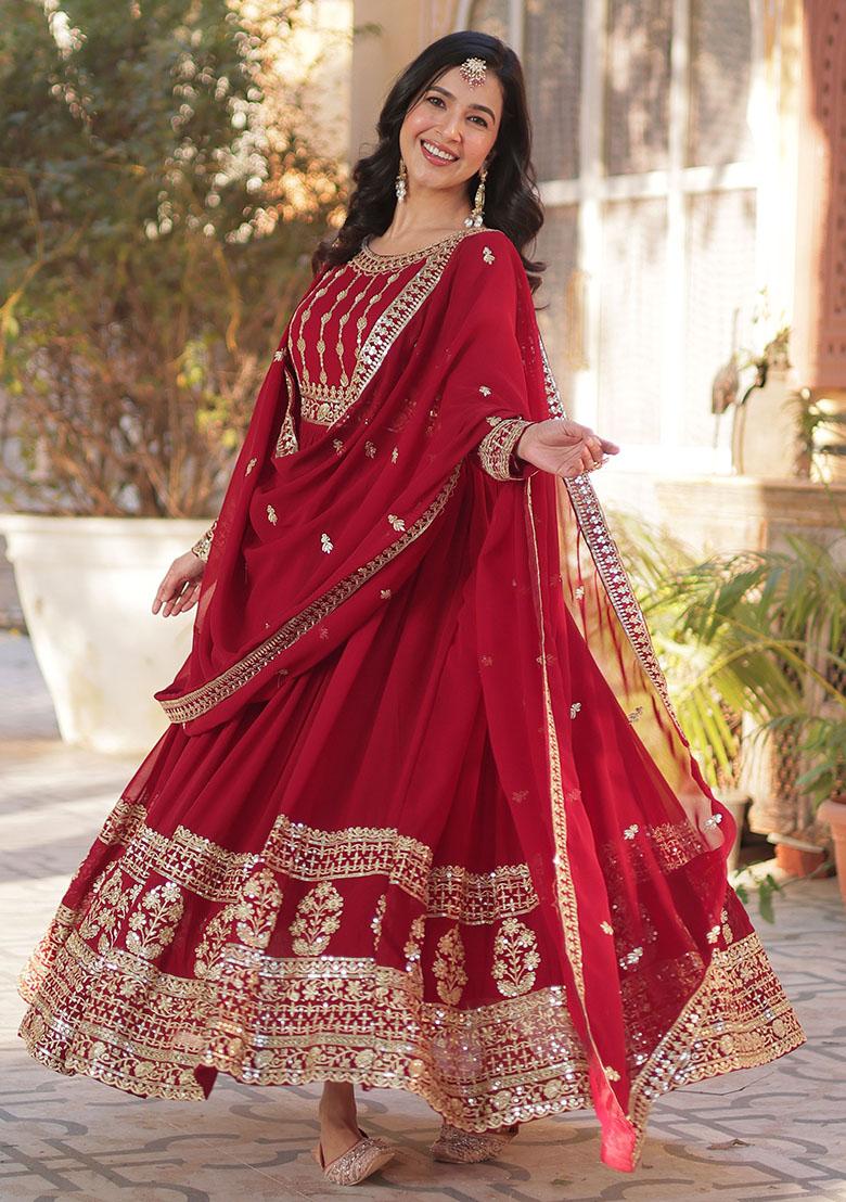 Maroon Embroidered Georgette Anarkali Set