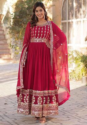 Pink Embroidered Georgette Anarkali Set