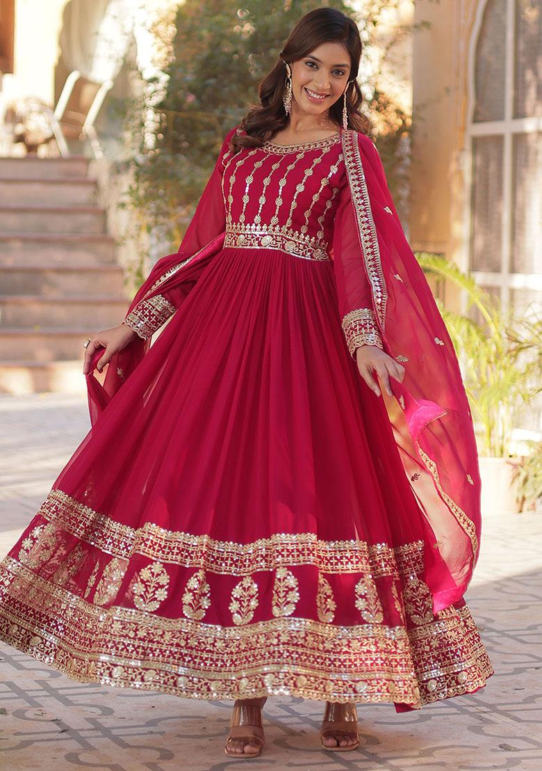 Pink Embroidered Georgette Anarkali Set